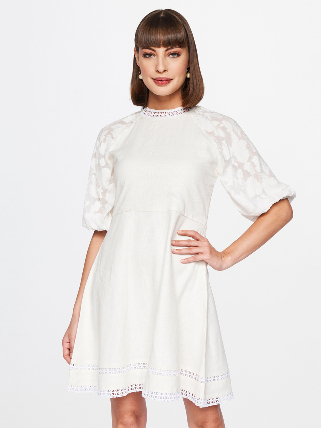 

AND White Self Design A-Line Dress