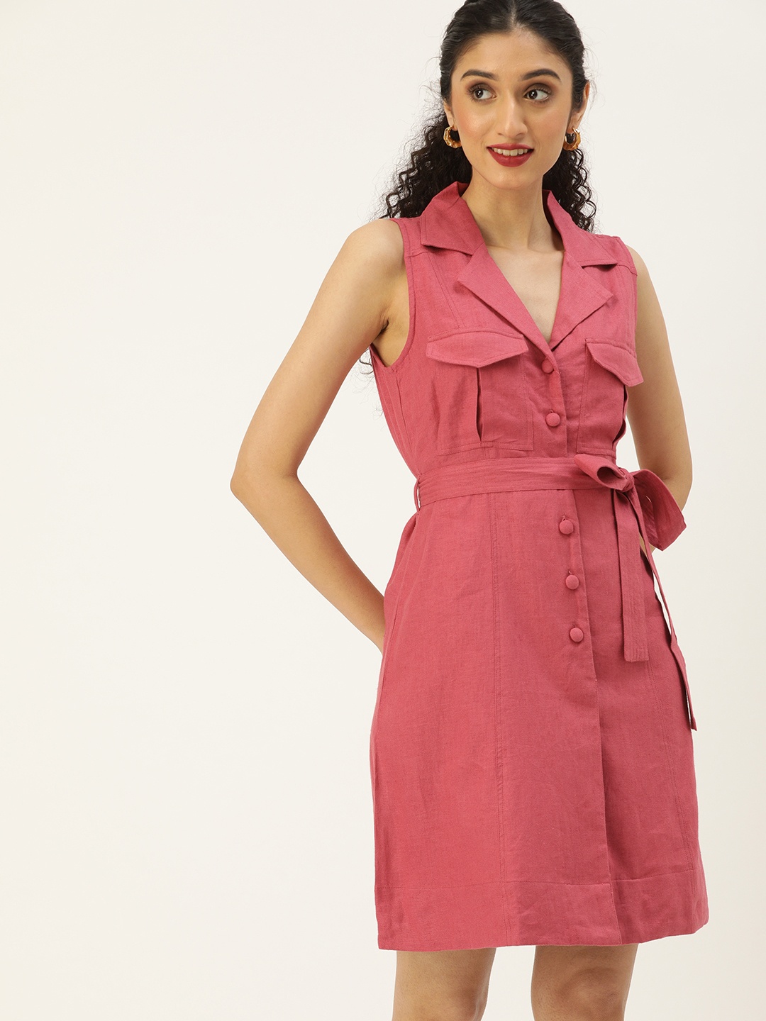 

AND Rose Solid Shirt Collared Sleeveless Linen Shirt Dress