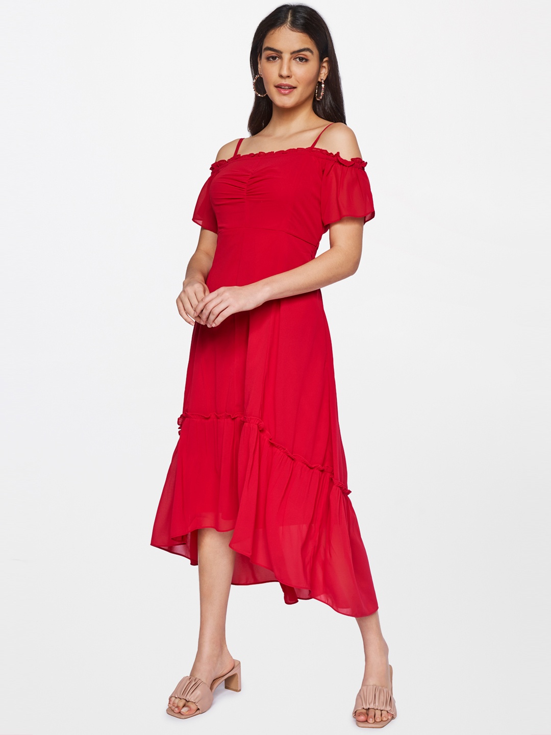 

AND Red Off-Shoulder Flared Midi Dress