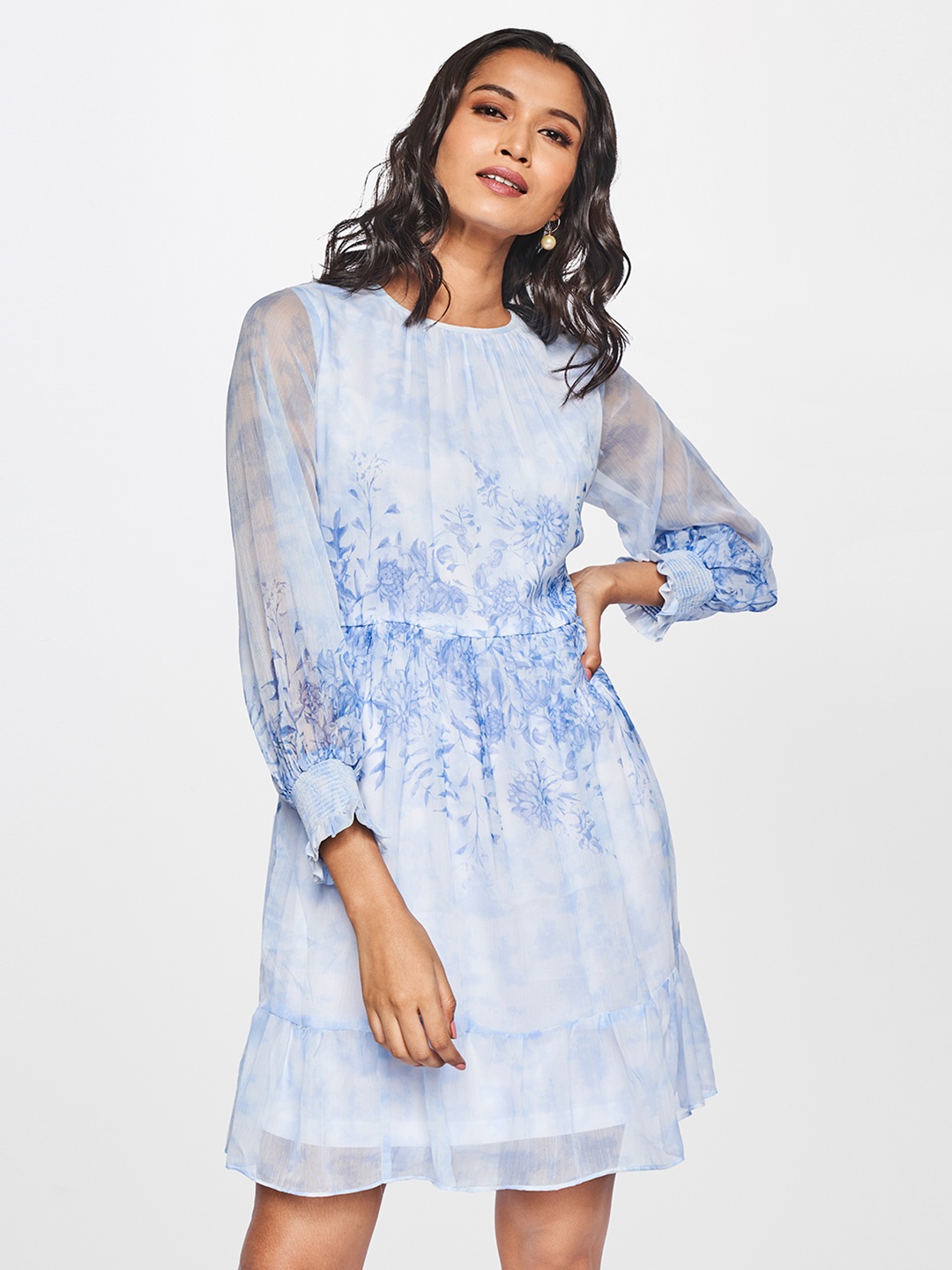 

AND Blue & White Floral Printed A-Line Dress