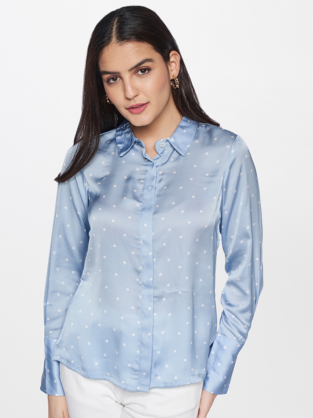 

AND Women Blue Printed Casual Shirt