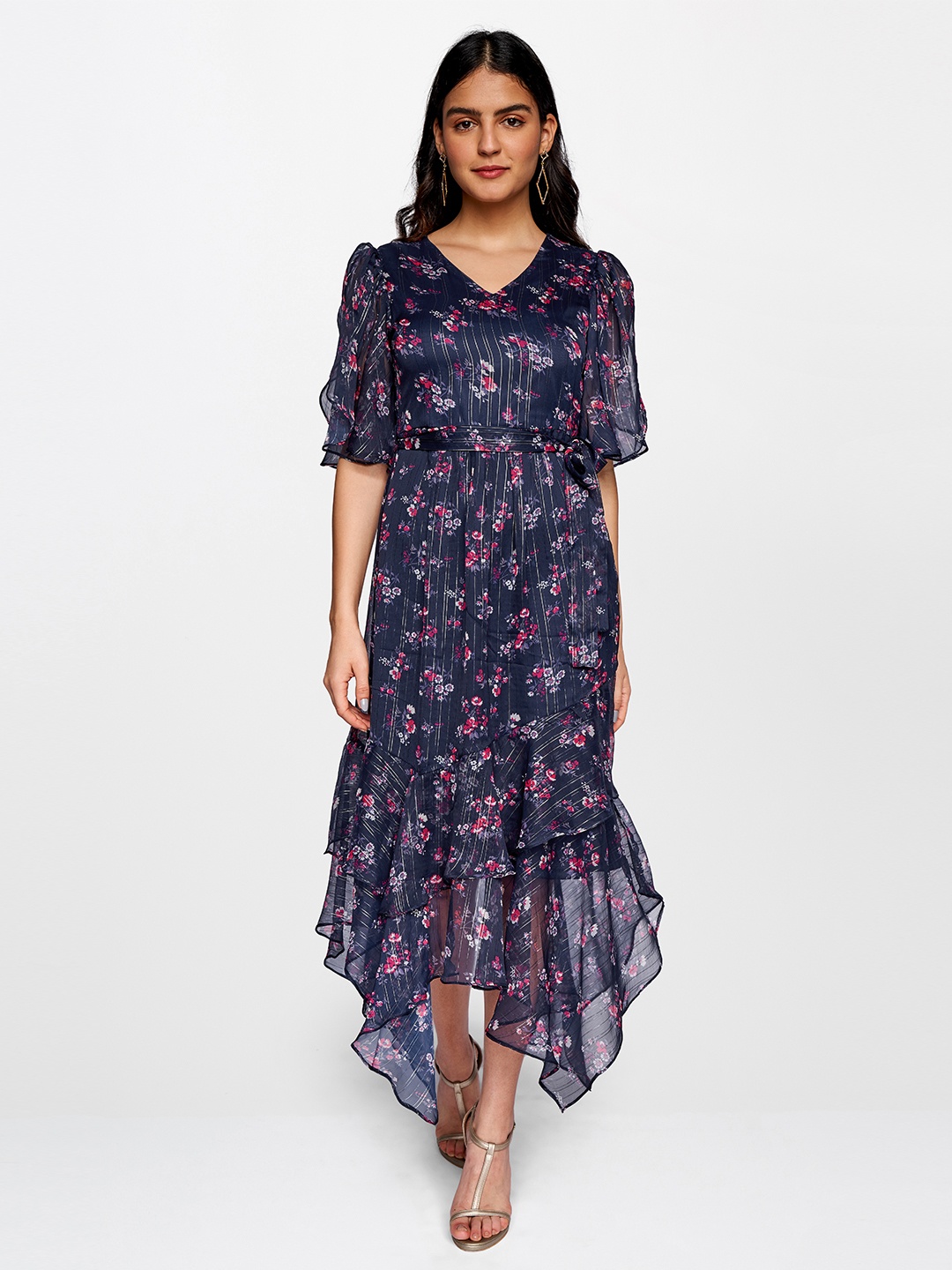 

AND Floral Print Puff Sleeve Maxi Dress, Navy blue