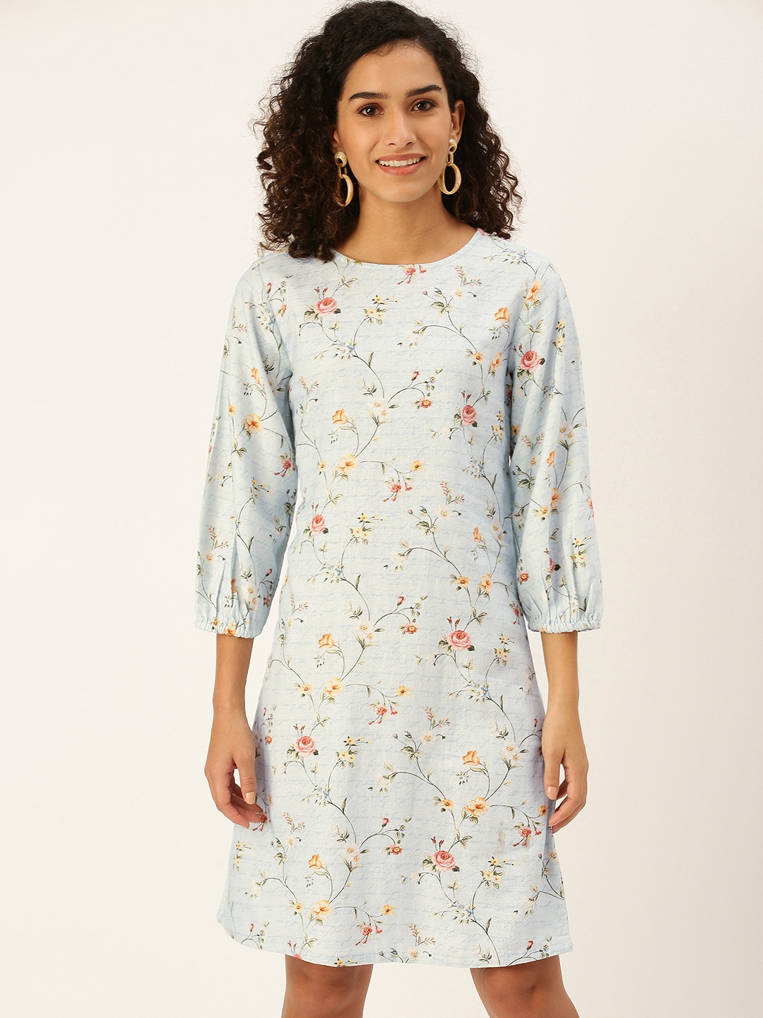 

AND Blue Floral Linen A-Line Dress