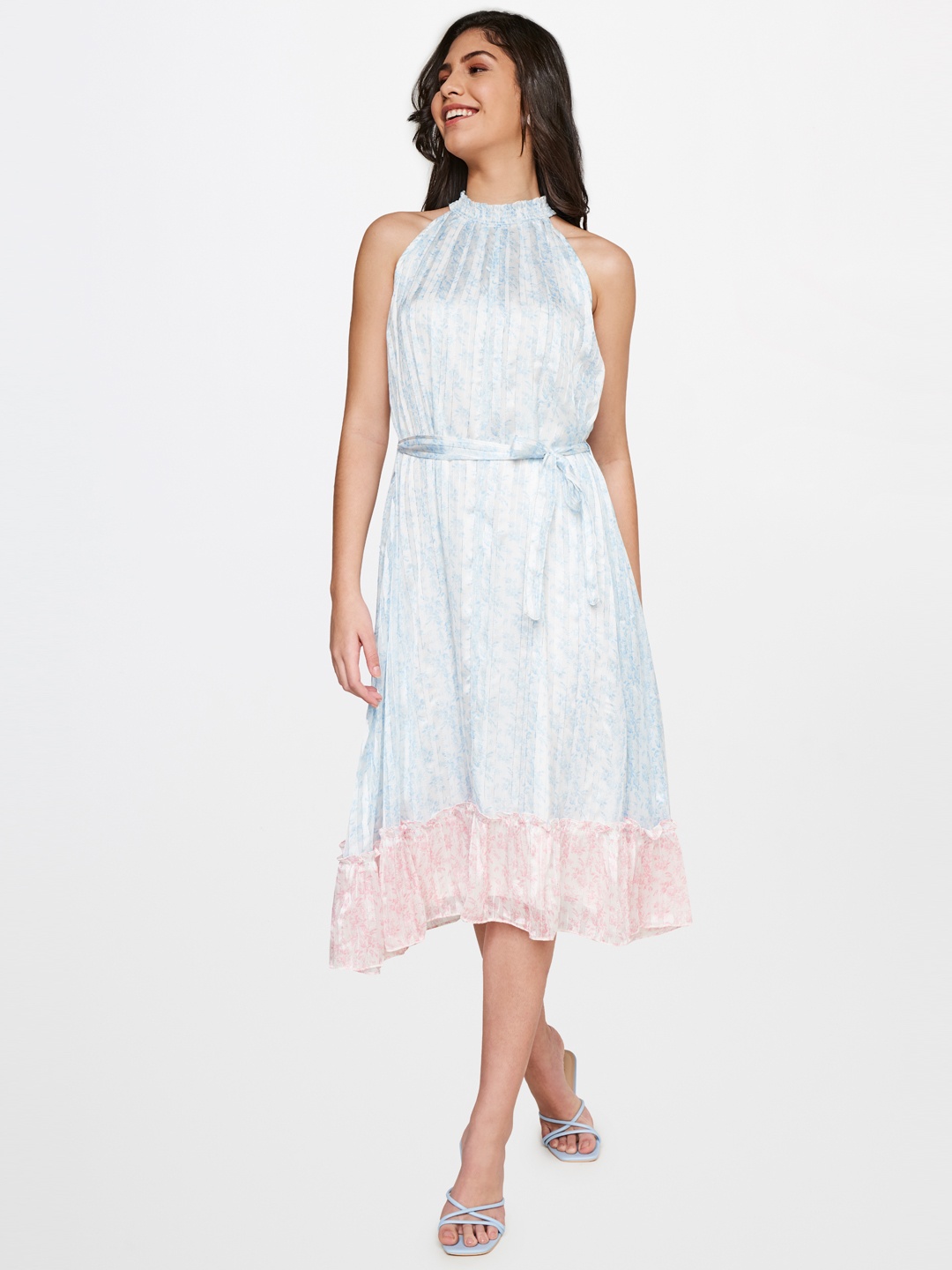 

AND Floral Print Satin Midi A-Line Dress, Blue