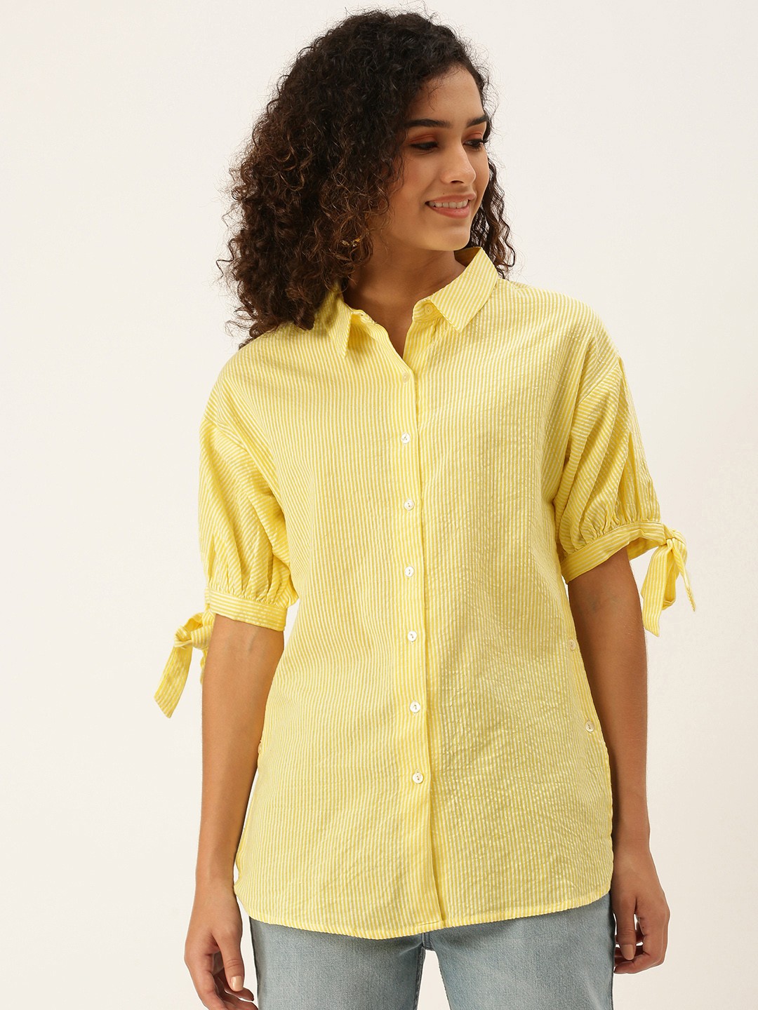 

AND Yellow Striped Shirt Style Pure Cotton Top