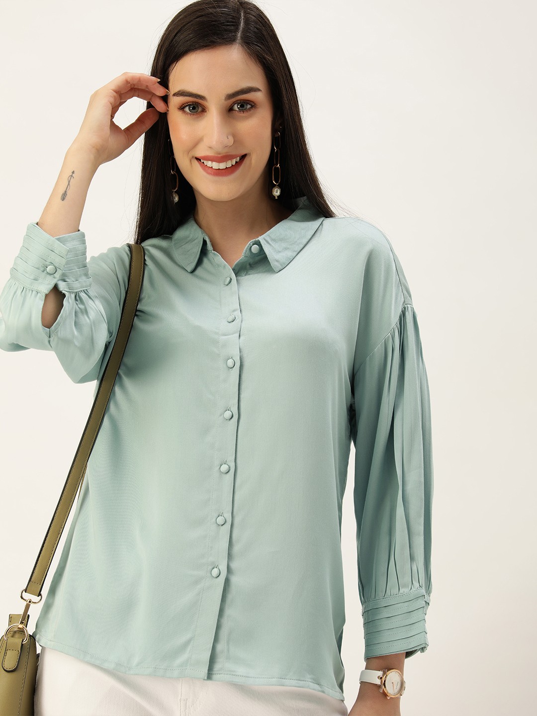 

AND Women Sage Green Extended Sleeves Shirt Style Top