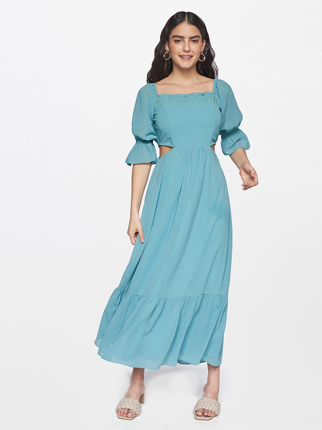 

AND Teal Solid A-Line Maxi Dress