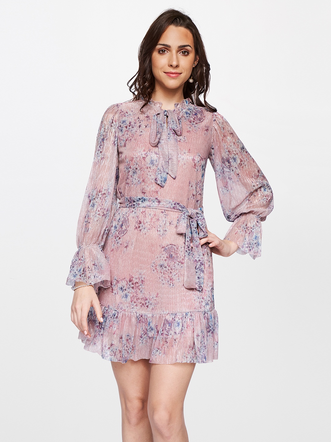 

AND Floral Print Tie-Up Neck Bell Sleeve A-Line Dress, Rose