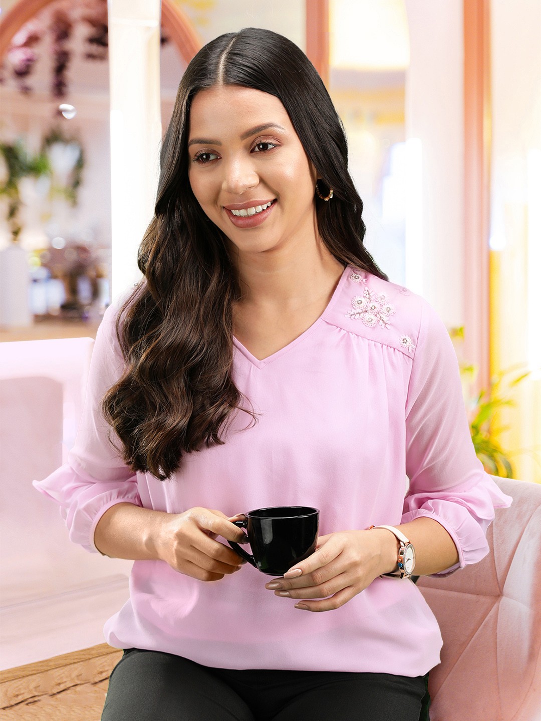 

AND Pink Solid V-Neck Ruffled Blouson Top