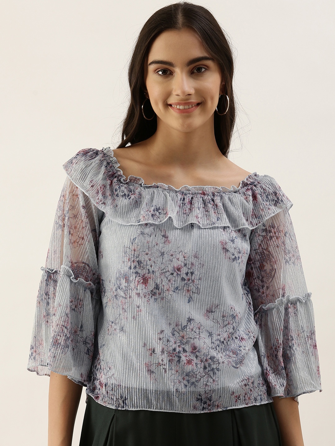 

AND Women Blue Floral Print Top