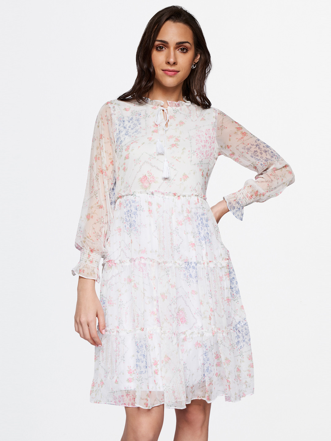

AND Floral Print Tie-Up Neck Puff Sleeve A-Line Dress, White