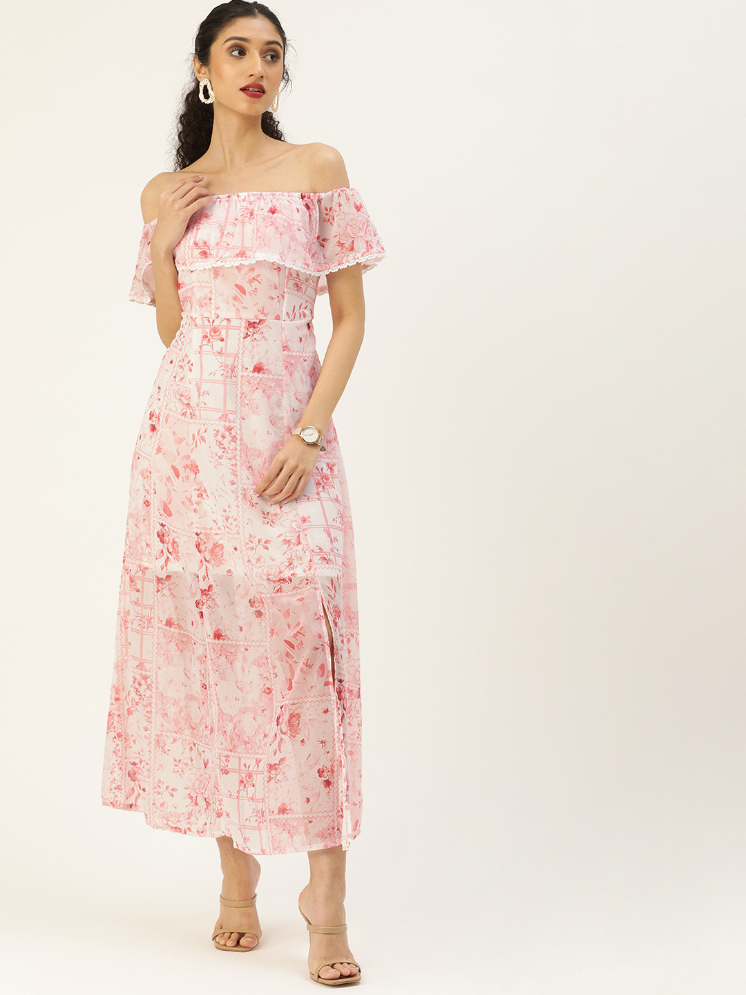 

AND Pink & White Floral Halter Neck Fringed Maxi Dress