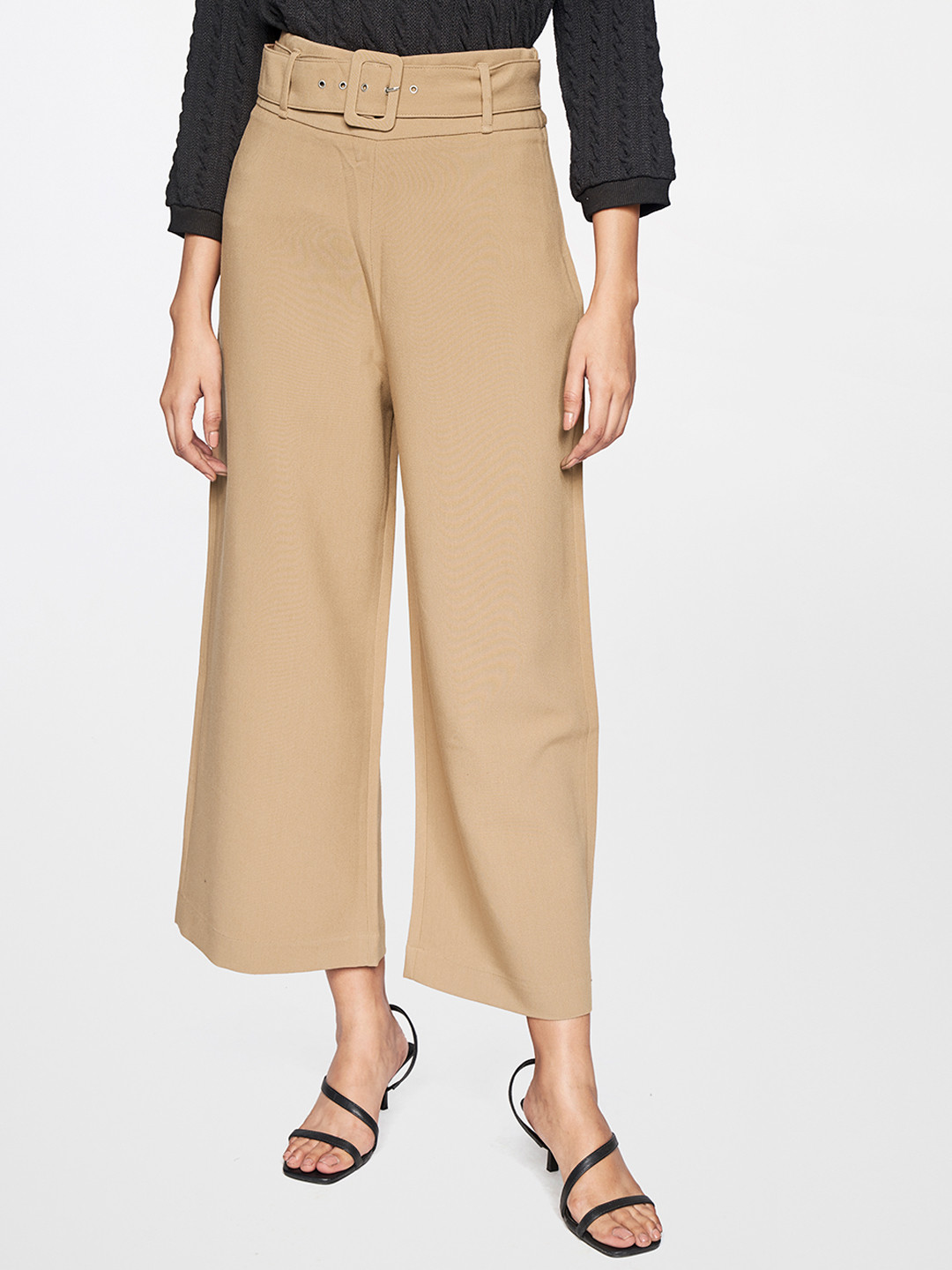 

AND Women Flared Trousers with Belt, Khaki