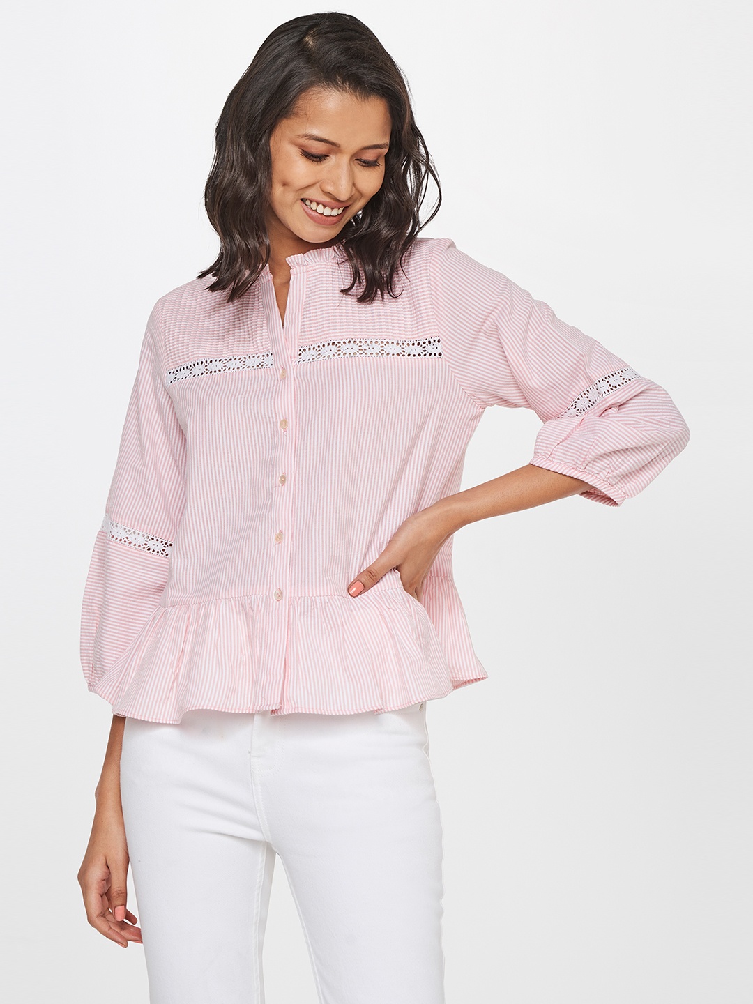 

AND Striped Puff Sleeve Cotton Top, Pink