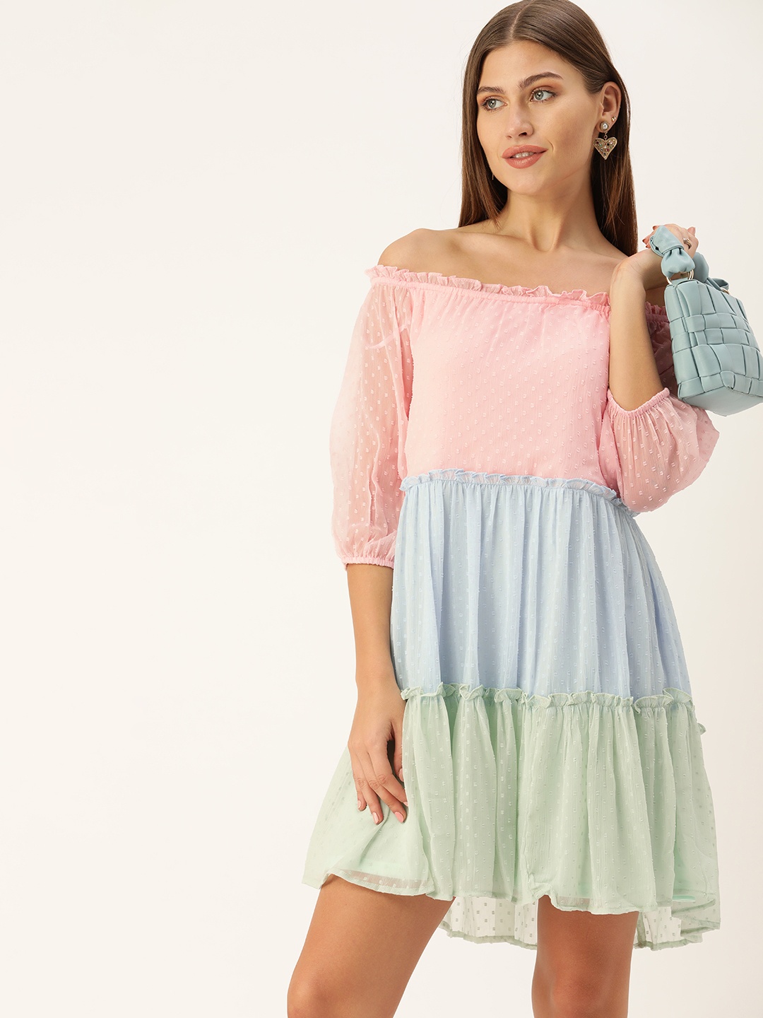 

AND Women Pink & Blue Colourblocked Off-ShoulderTiered A-Line Dress