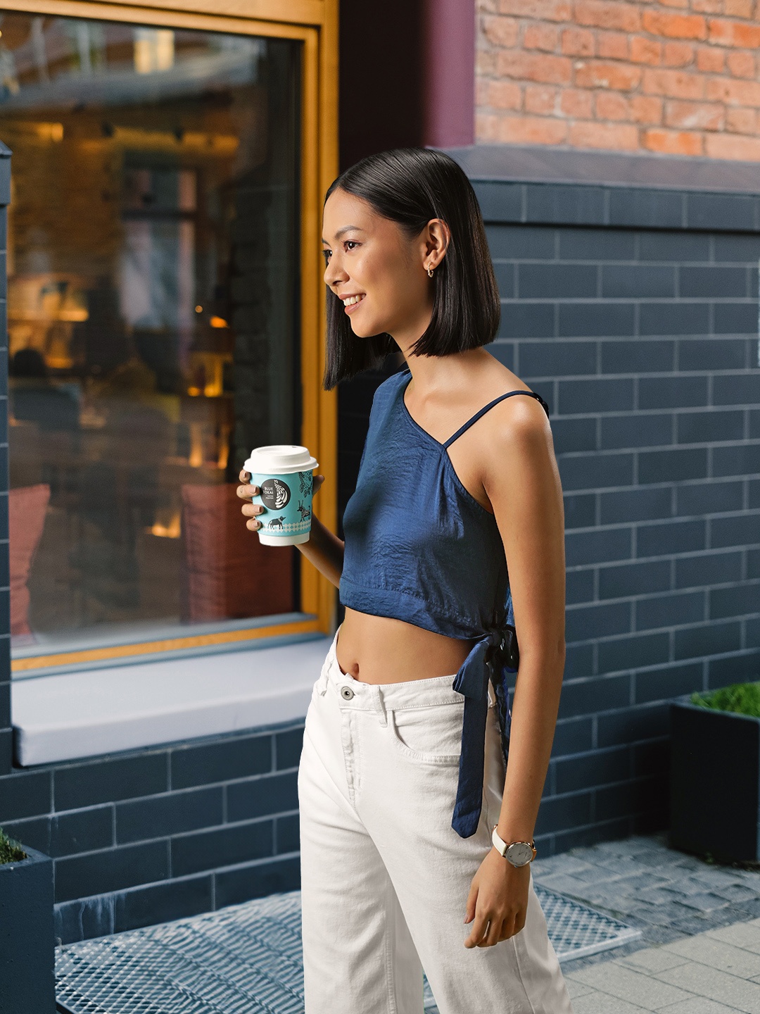 

AND Satin Puff Sleeve Crop Top, Navy blue