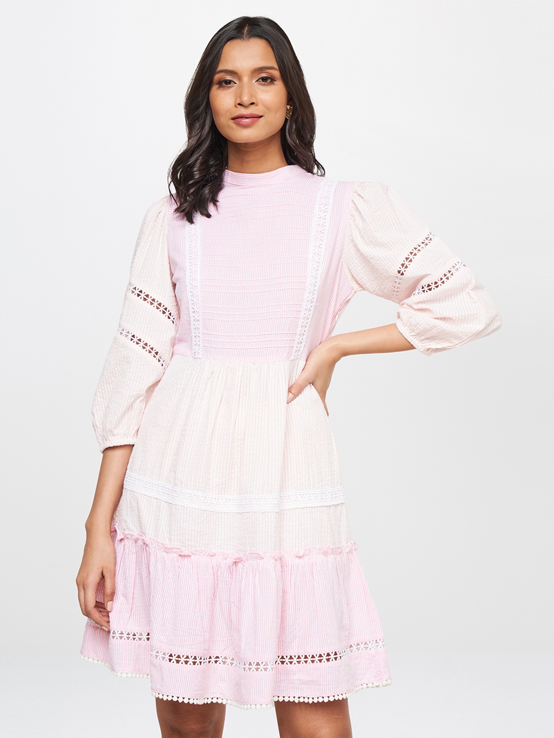 

AND Striped Puff Sleeve Seersucker A-Line Dress, White