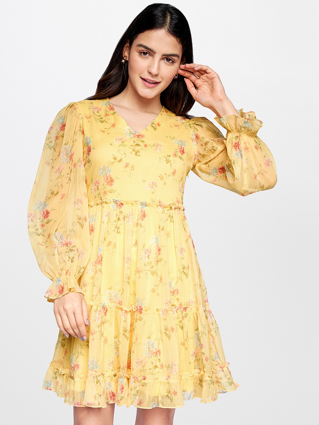 

AND Yellow & Blue Floral Print Tiered Fit and Flare Dress