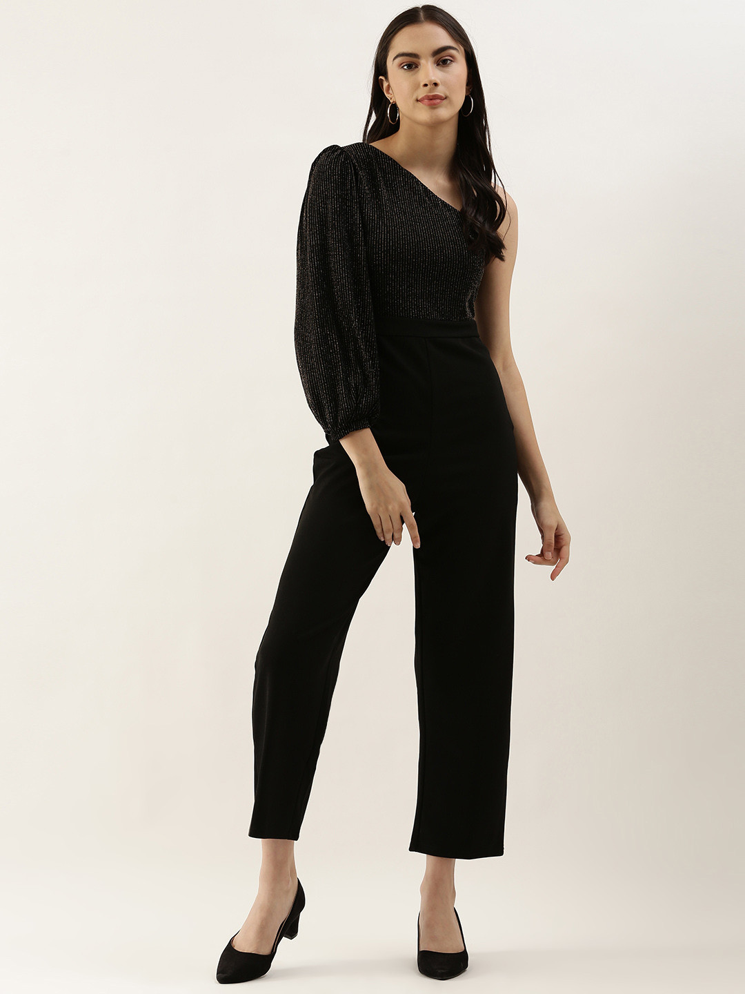 

AND Black & Gold-Toned Halter Neck Striped Basic Jumpsuit