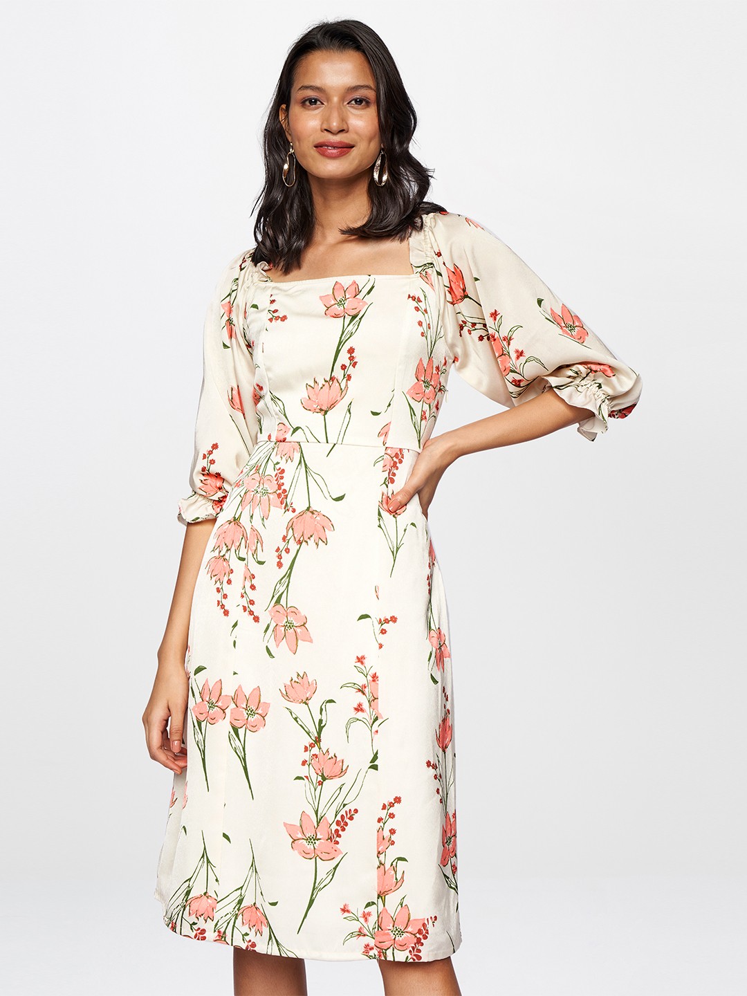 

AND Floral Print Puff Sleeve Satin A-Line Dress, Beige