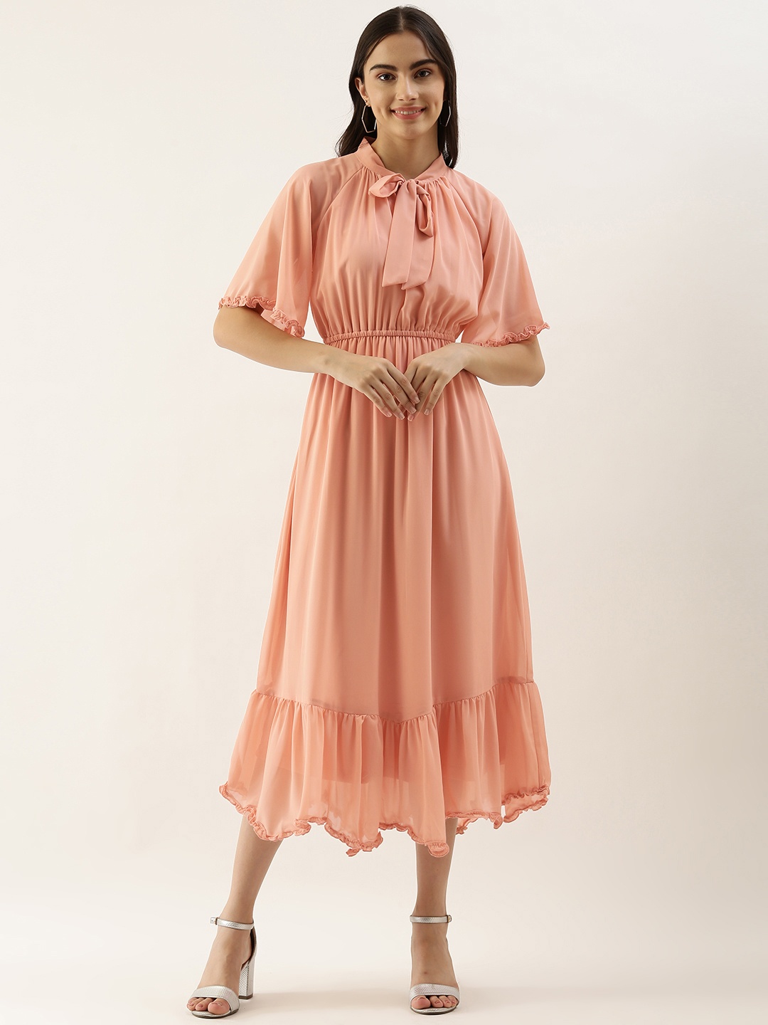 

AND Peach-Coloured Tie-Up Neck Maxi Dress