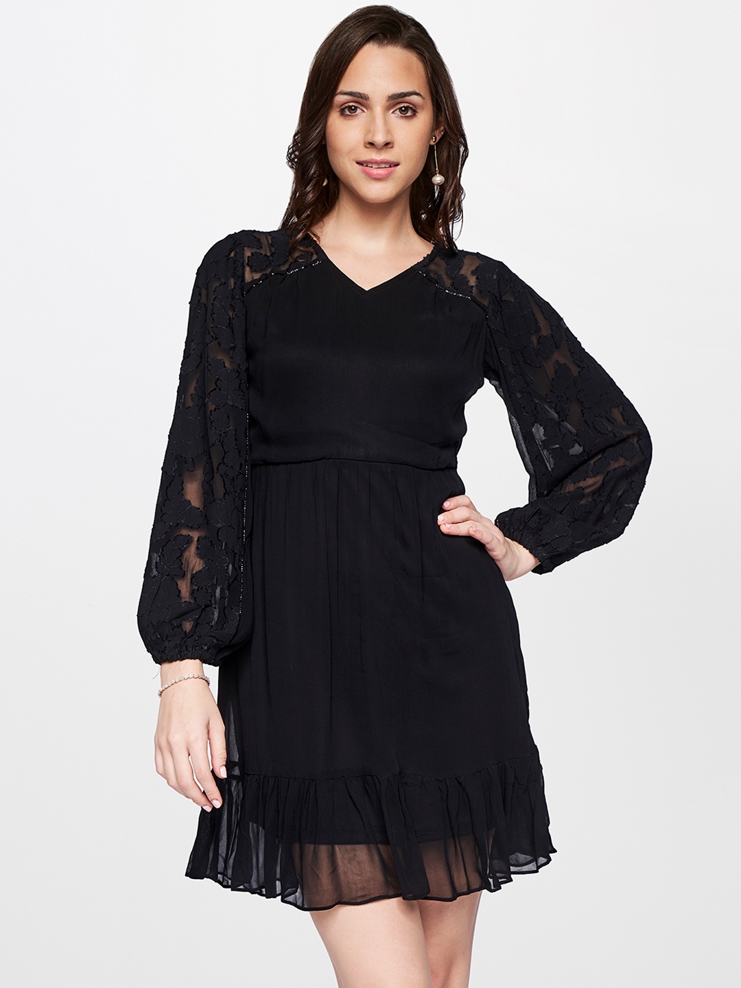 

AND Puff Sleeve A-Line Dress, Black