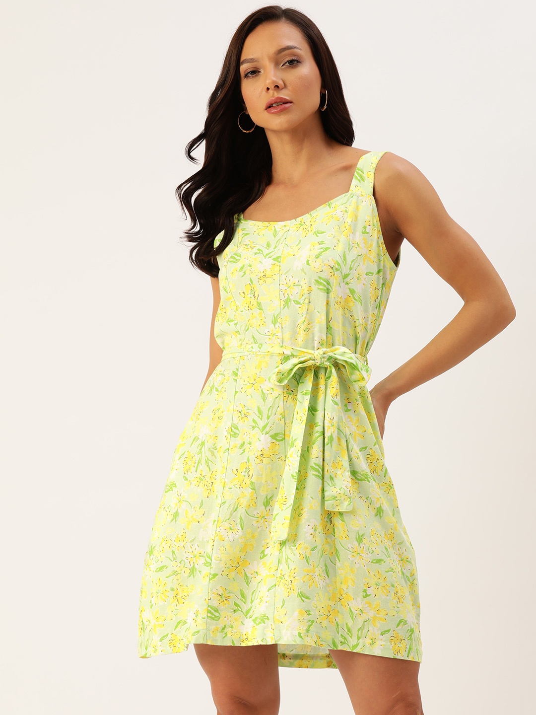 

AND Floral Print A-Line Dress with Belt, Lime green