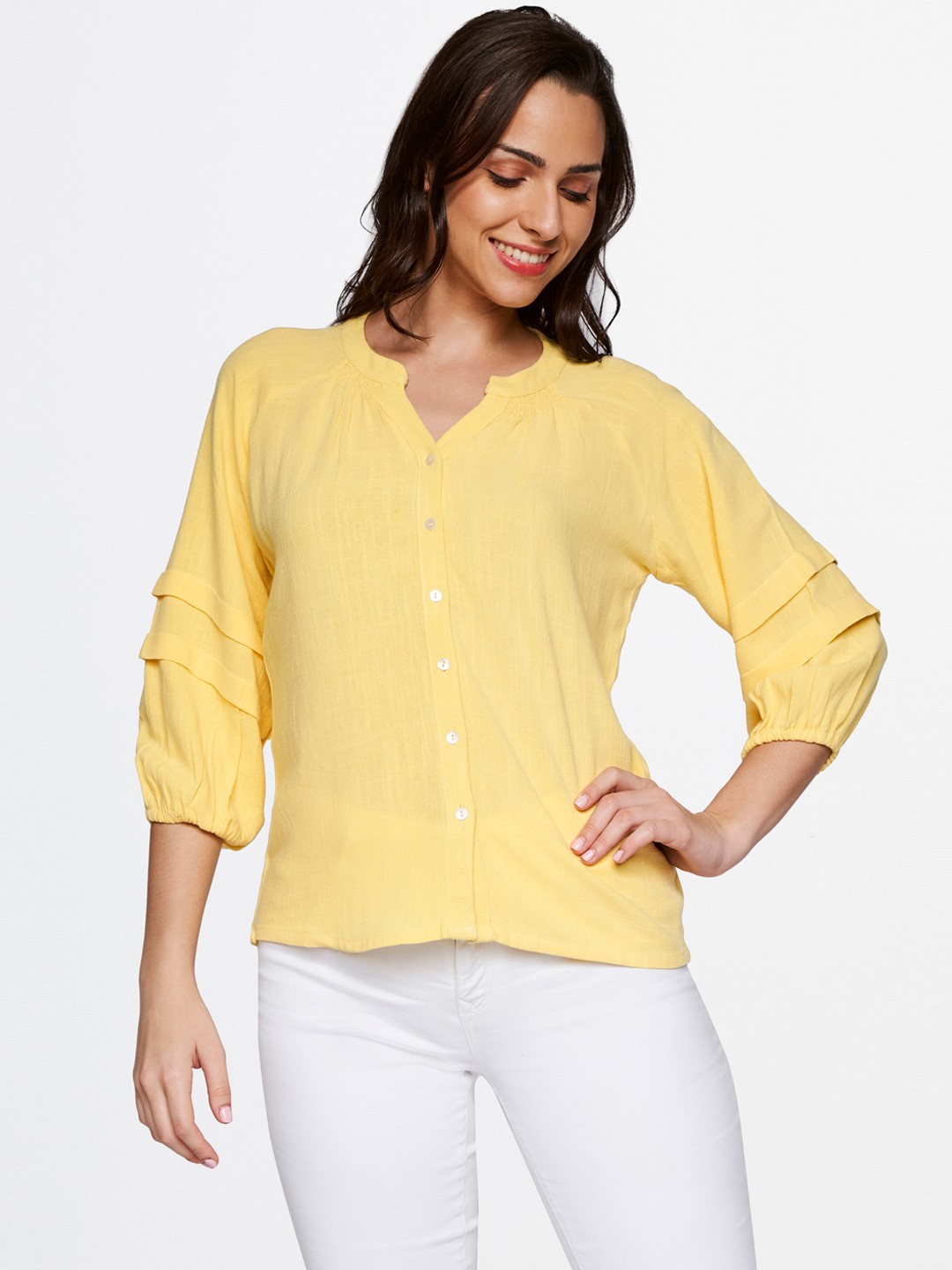 

AND Mandarin Collar Puff Sleeves Top, Yellow