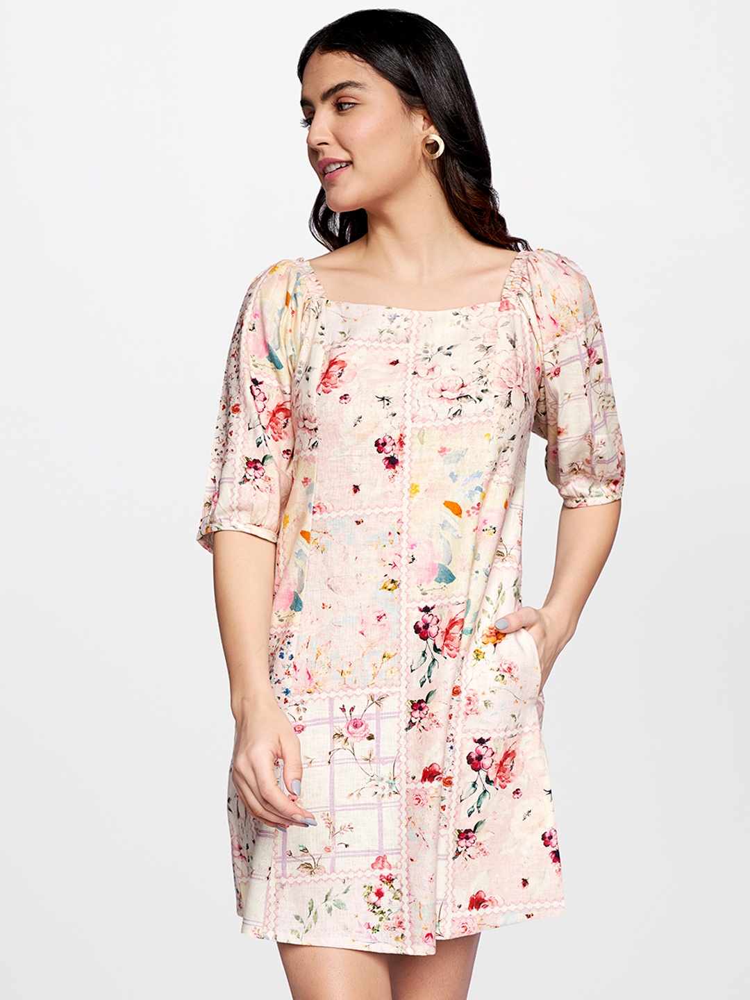 

AND Women Multicoloured Floral Linen A-Line Dress, Multi