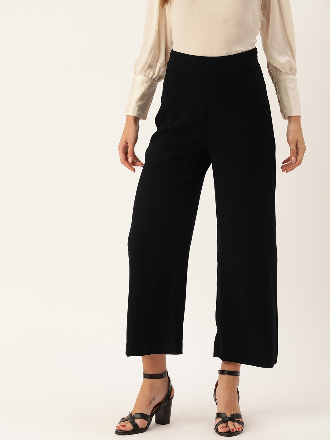 

AND Women Black Solid Mid Rise Straight Fit Trousers