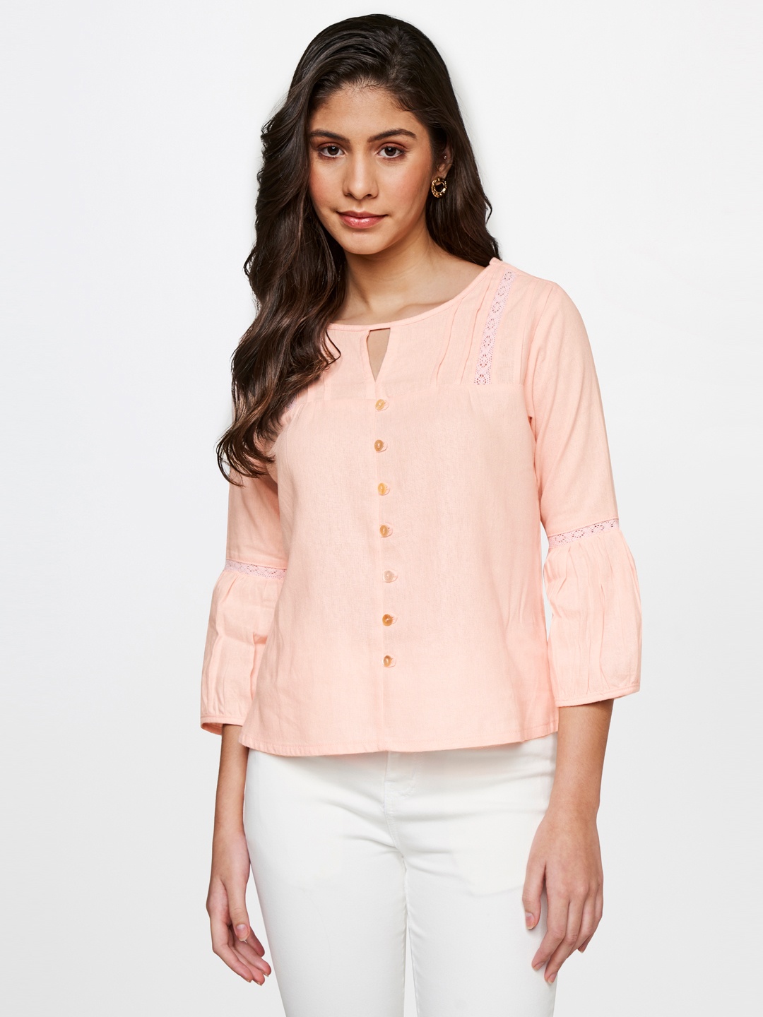 

AND Keyhole Neck Puff Sleeve Linen Top, Pink