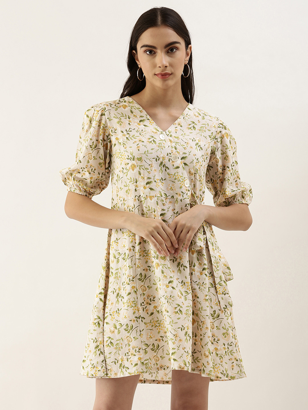 

AND Beige & Multicoloured Floral Printed Casual Fit N Flare Dress