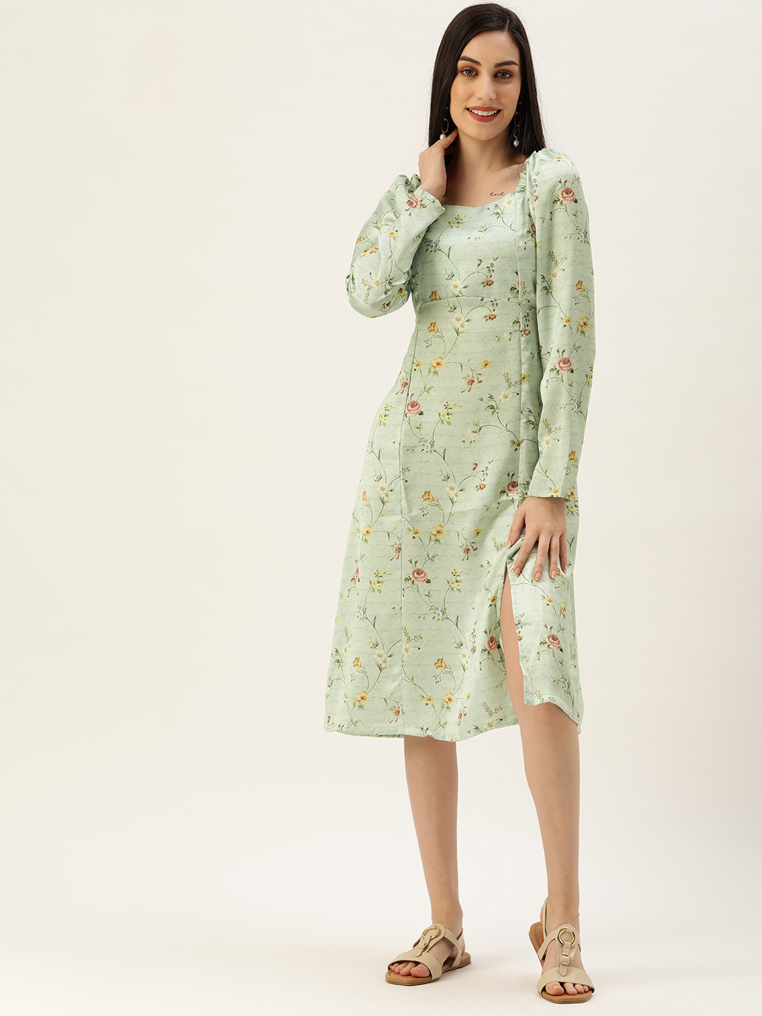 

AND Women Sage Green Tropical Printed Fit And Flare Dress