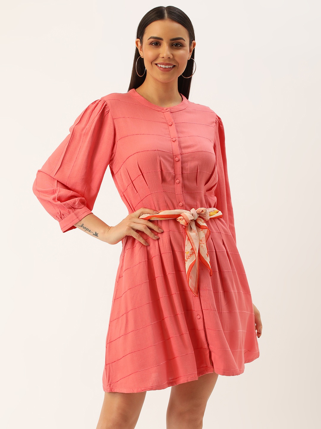 

AND Self Striped Puff Sleeve A-Line Dress, Coral