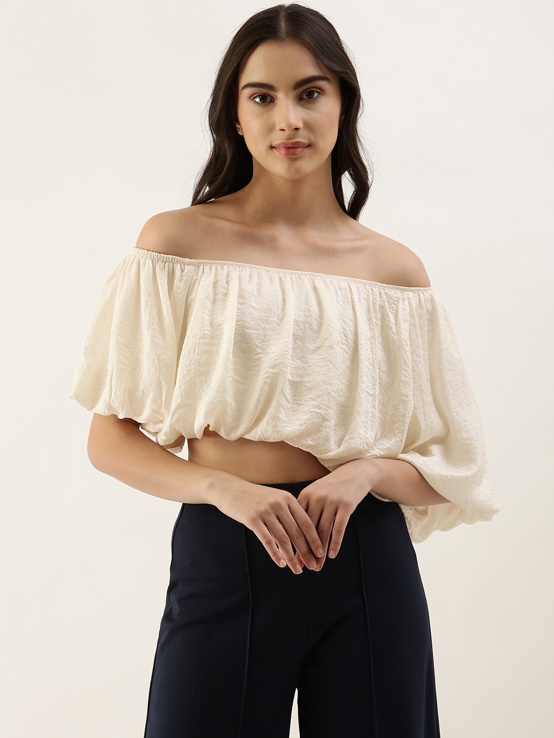 

AND Off White Off-Shoulder Bardot Satin Crop Top