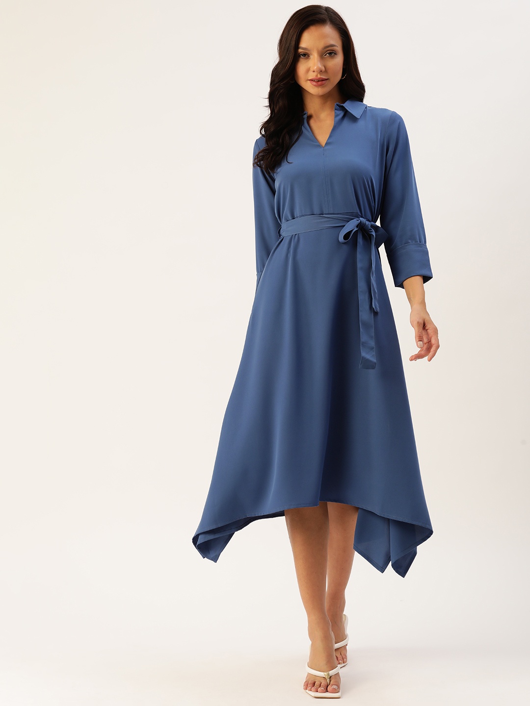 

AND Asymmetric Hem Fit & Flare Midi Dress with Belt, Blue