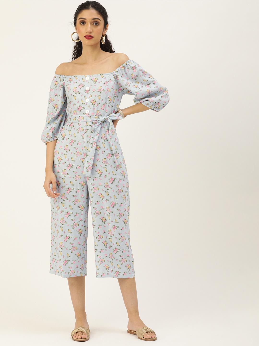 

AND Women Blue & Pink Off-Shoulder Printed Jumpsuit