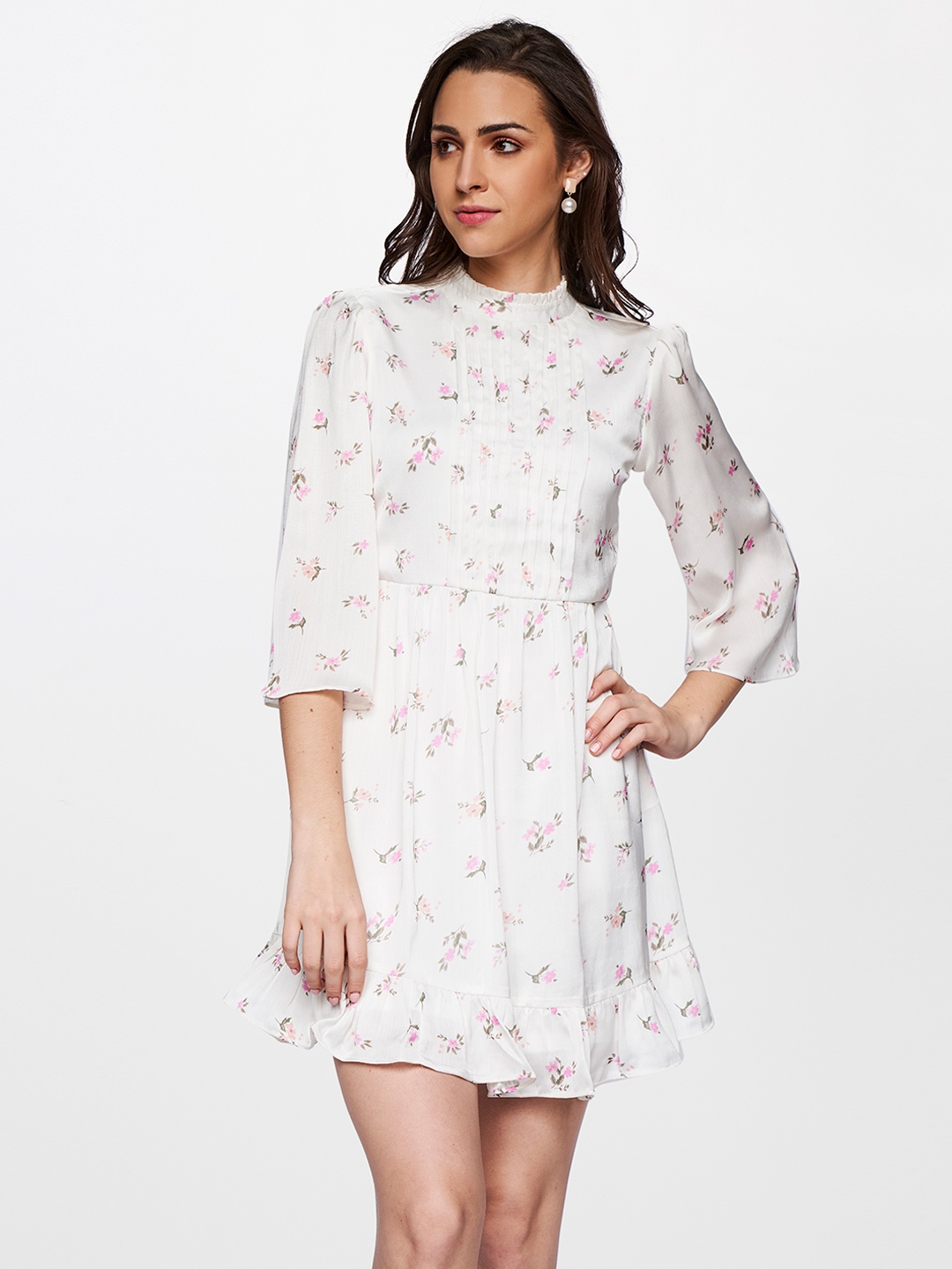 

AND Floral Print Flared Sleeve Satin A-Line Mini Dress, White