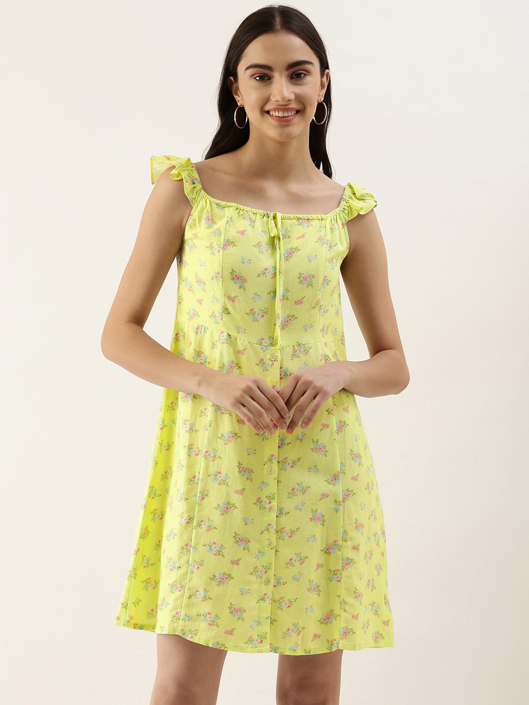 

AND Lime Green & Multicoloured Floral Halter Neck Casual A-Line Dress