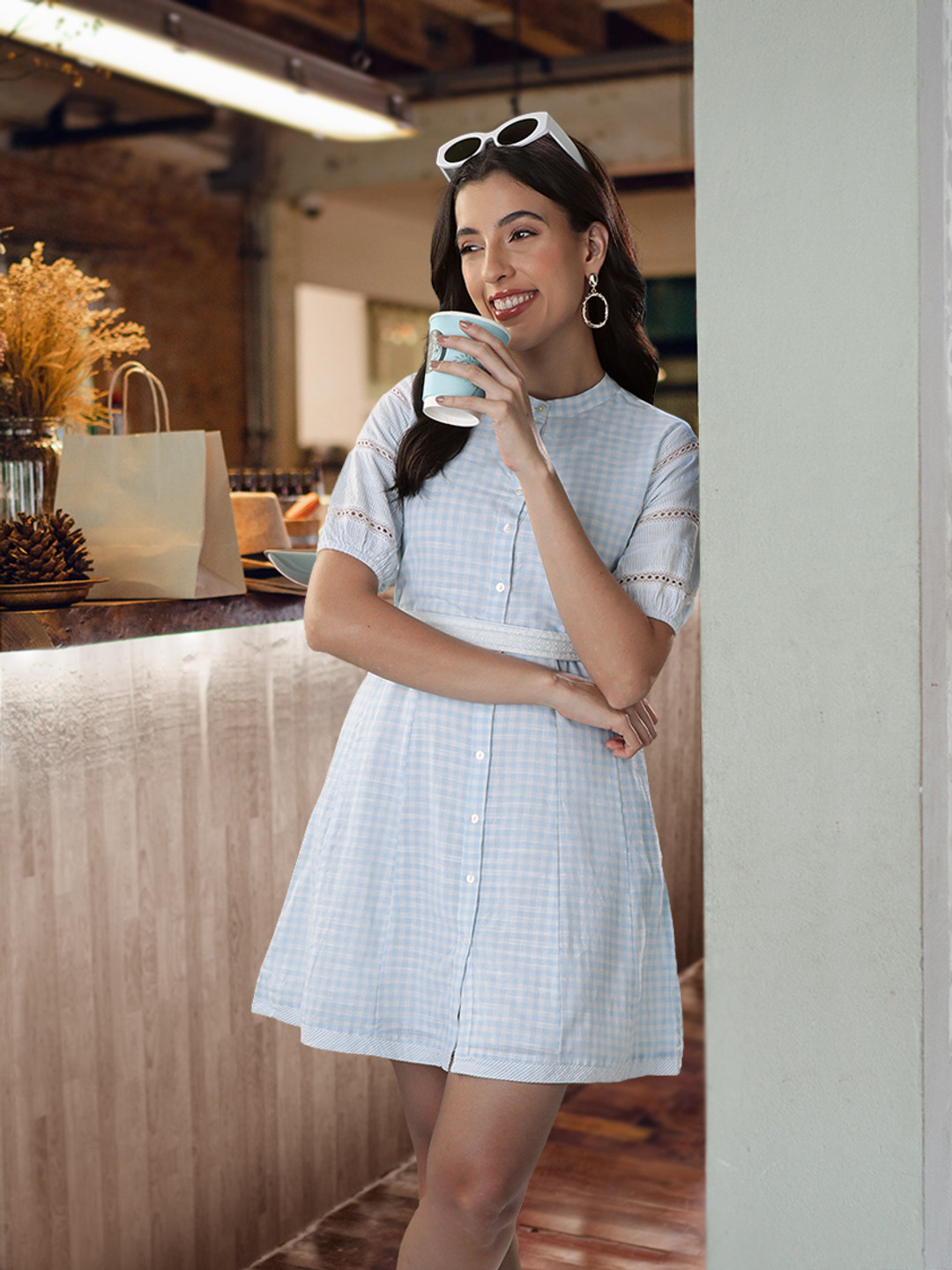 

AND Blue & White Checked A-Line Dress With Tie-Ups