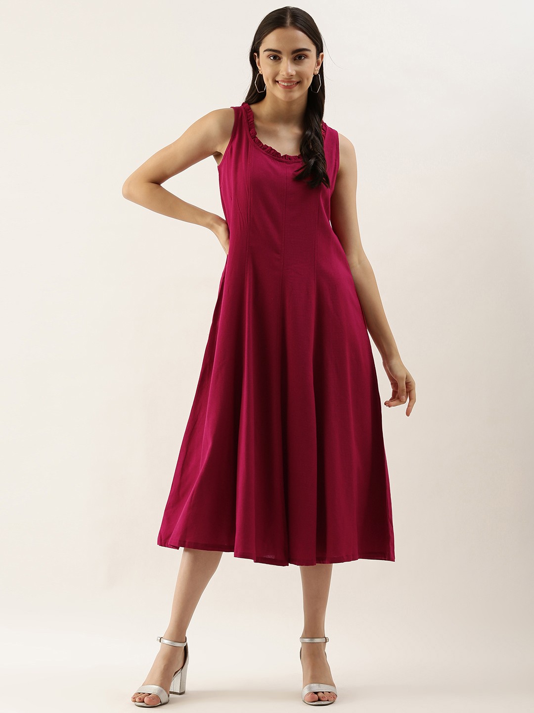 

AND Women Maroon Solid A-Line Midi Dress
