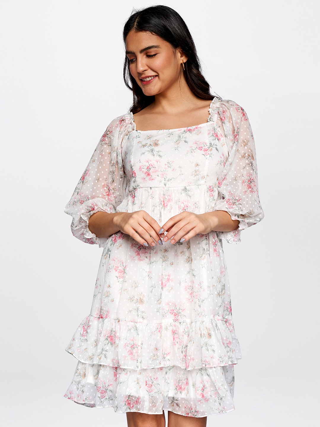 

AND White & Pink Floral Print Flounce Hem Dress