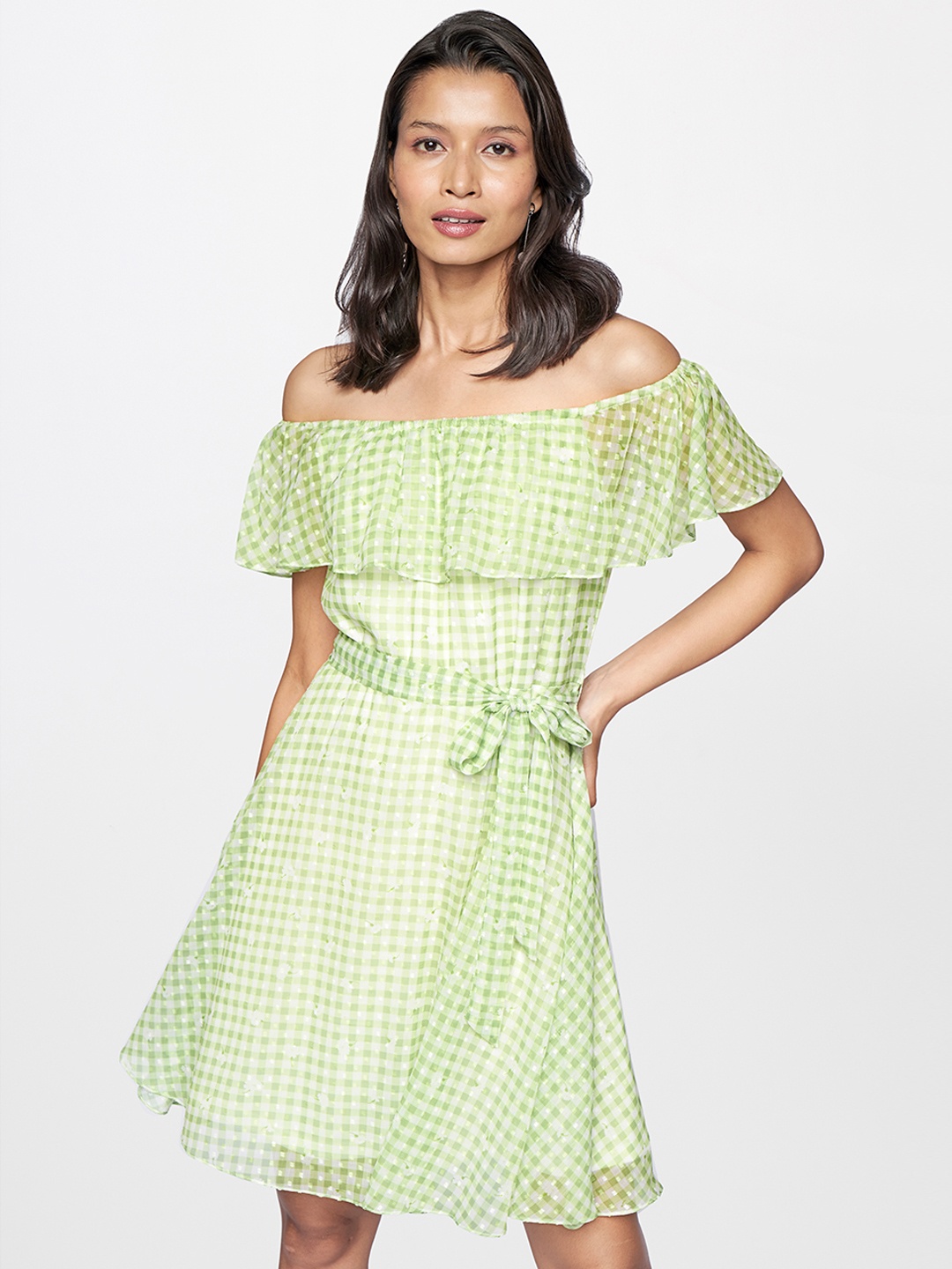 

AND Checked Off-Shoulder Flared Sleeve Fit & Flare Dress with Belt, Green