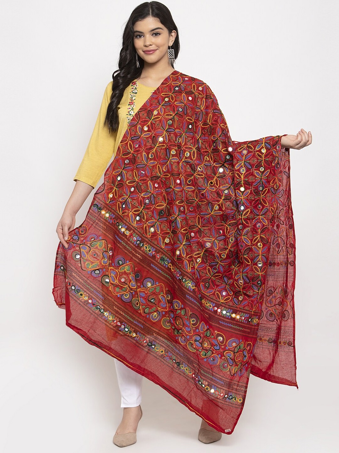 

Clora Creation Red & Purple Ethnic Motifs Embroidered Pure Cotton Dupatta With Mirror Work