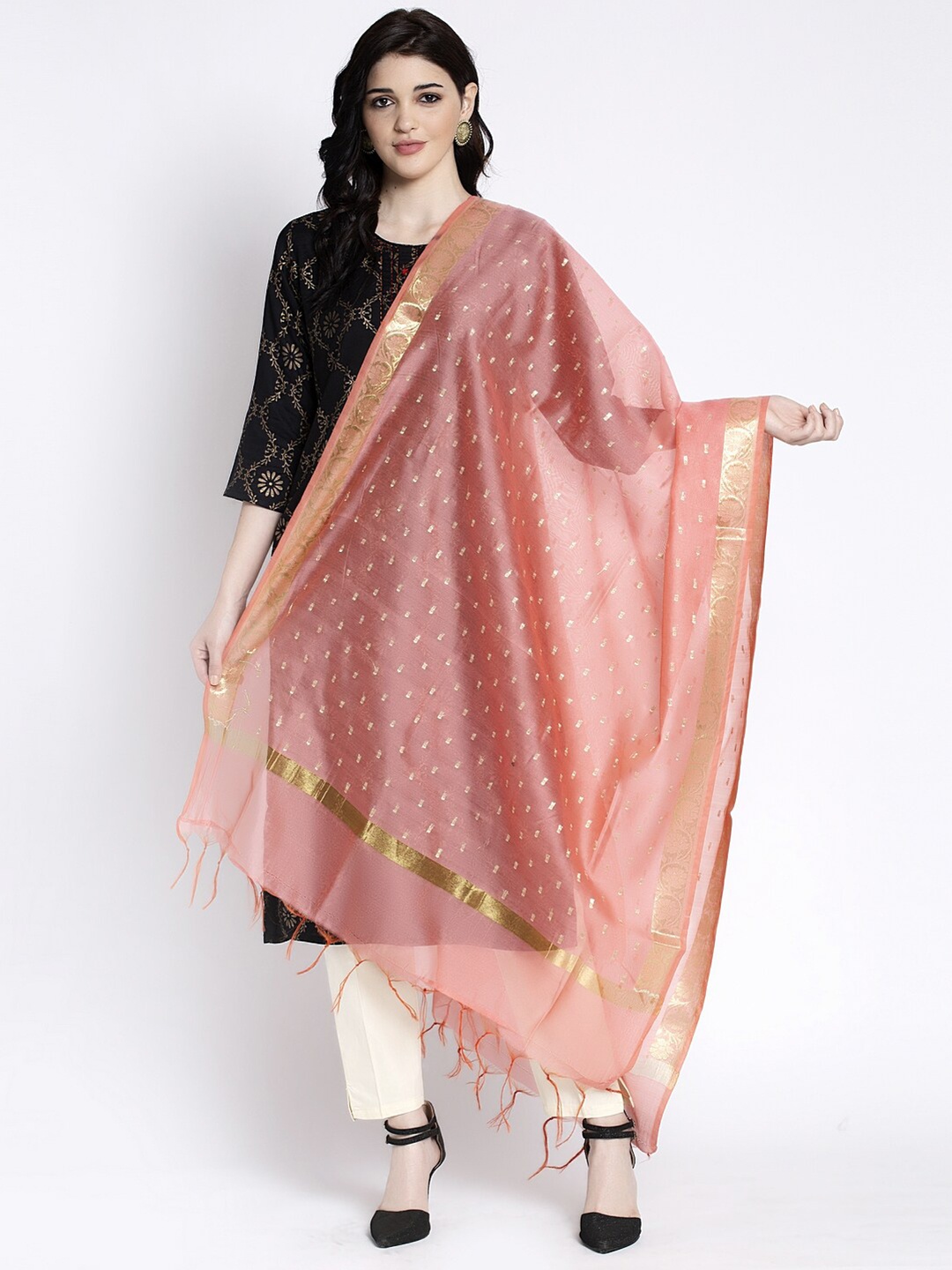 

Clora Creation Peach-Coloured & Gold-Toned Woven Design Cotton Silk Dupatta