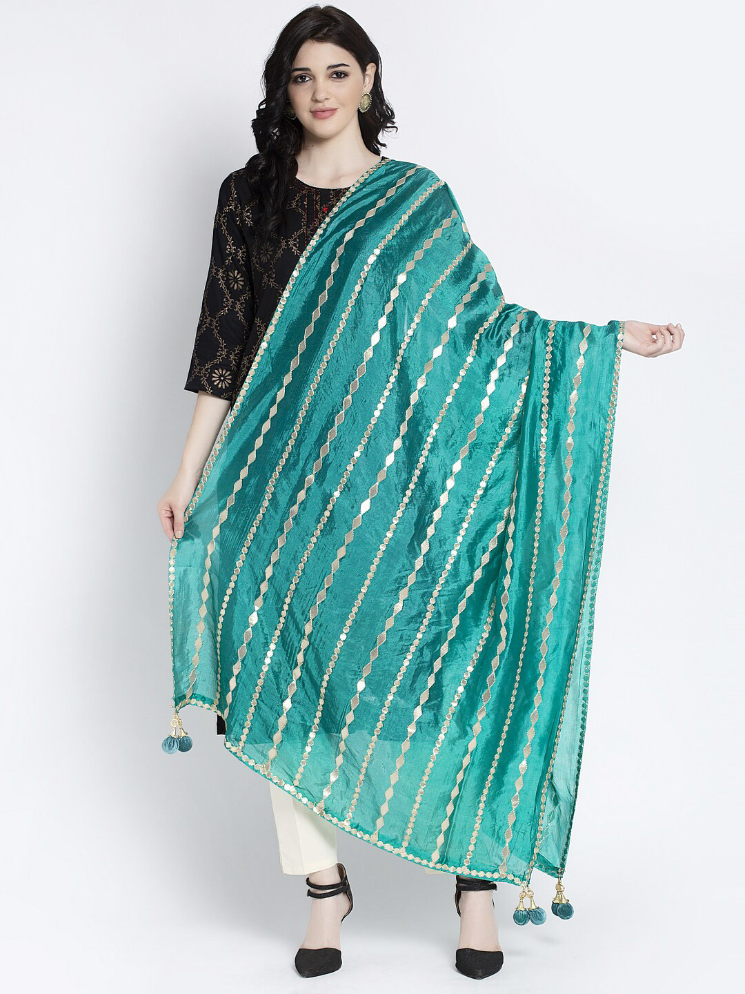 

Clora Creation Turquoise Blue & Gold-Toned Striped Dupatta with Gotta Patti