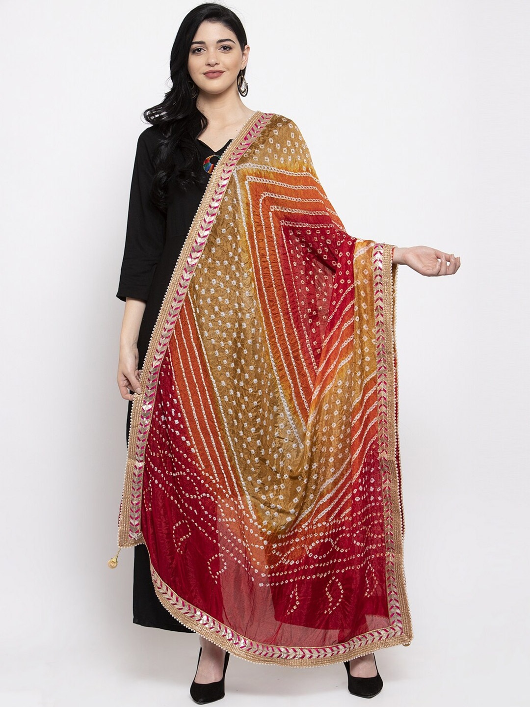 

Clora Creation Olive Green & Red Printed Bandhani Dupatta with Gotta Patti