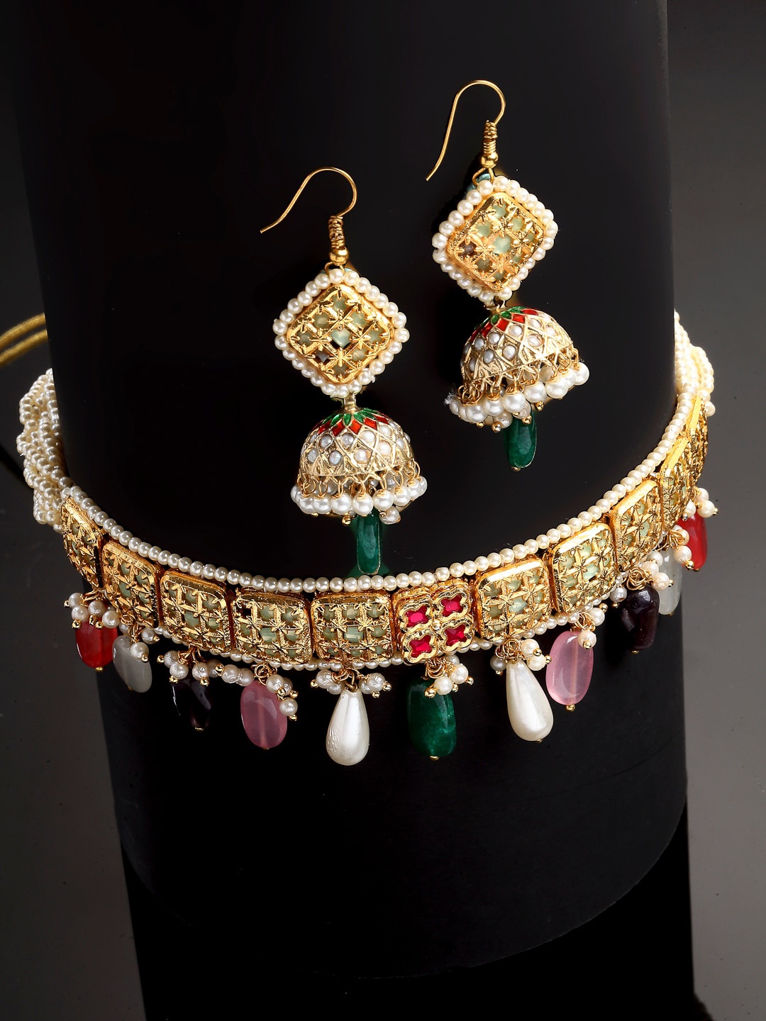 

DUGRISTYLE Gold-Plated Green & Pink Kundan Stone Studded Jewellery Set