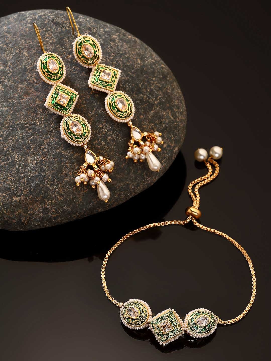 

DUGRISTYLE Gold-Plated Green Stone Studded Jewellery Set