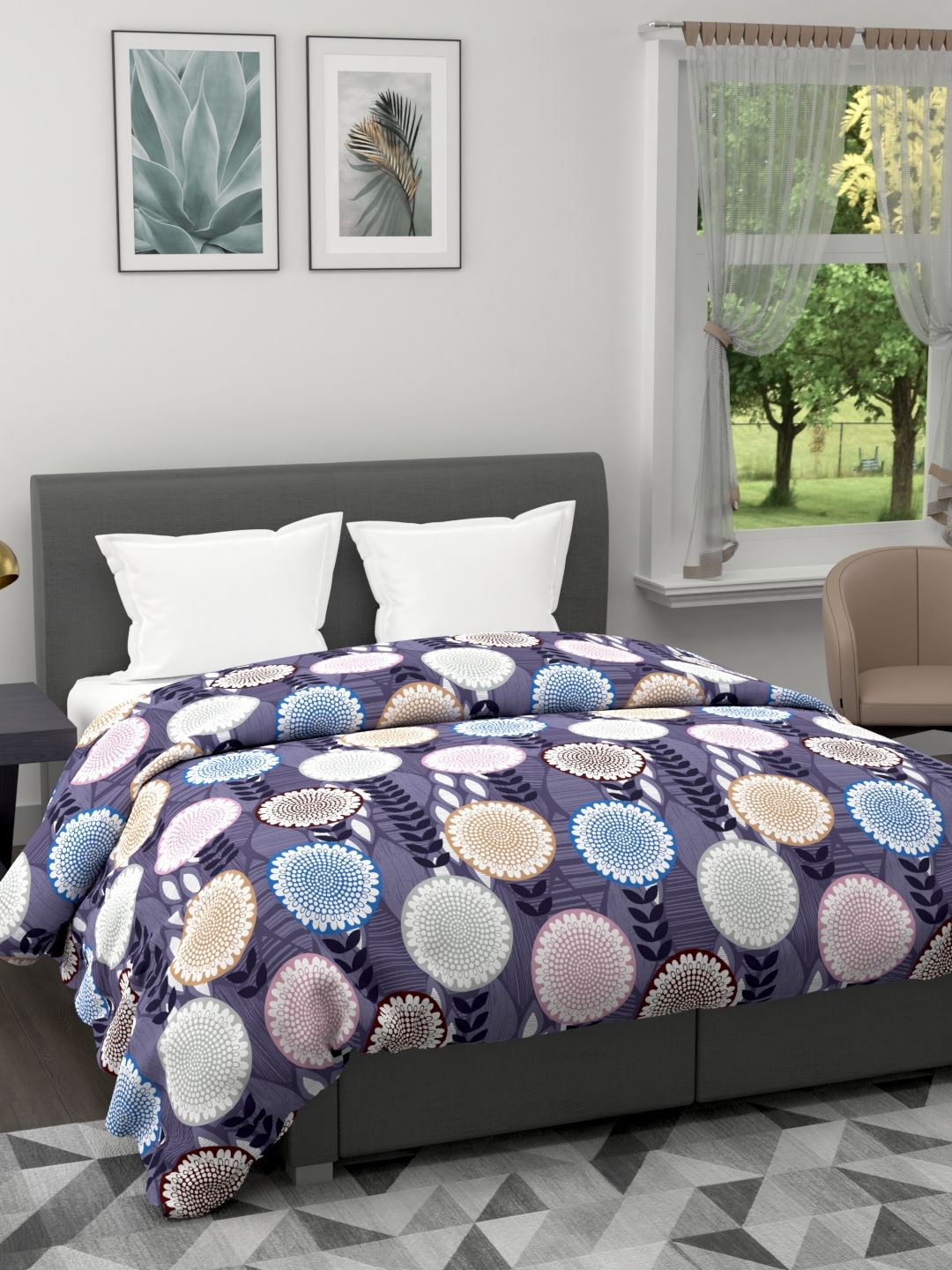 

BIANCA Grey & Blue Floral Printed Microfiber AC Room 120 GSM Double Bed Quilt